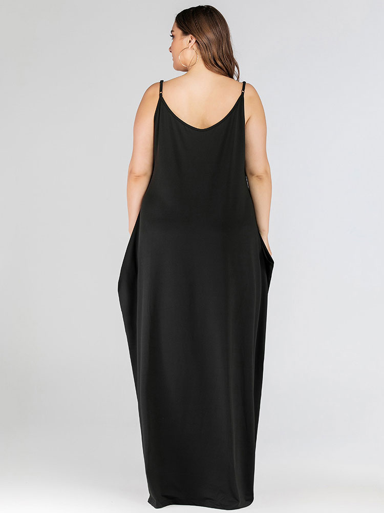 Plus Size Black Maxi Dress Straps Dress Sleeveless Polyester Open Shoulder Summer Long Dress