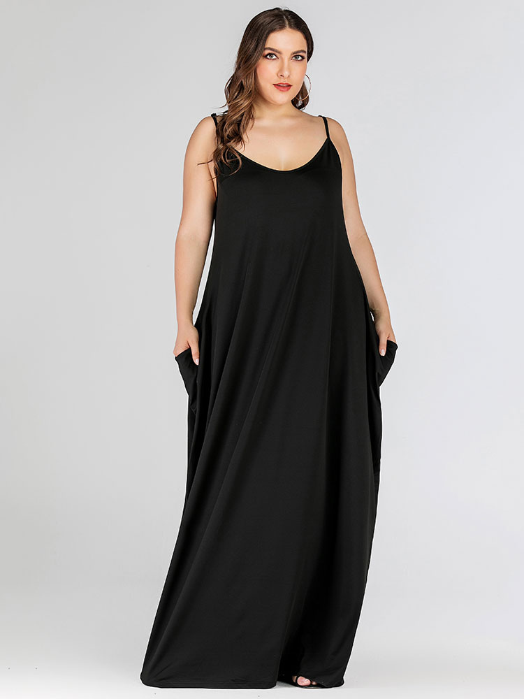 Plus Size Black Maxi Dress Straps Dress Sleeveless Polyester Open ...