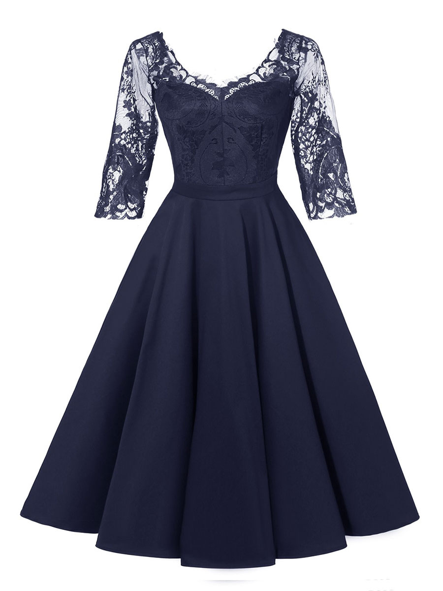 Robe de Vintage Milongue Femme en Dentelle à Col Rond avec Manches Mi