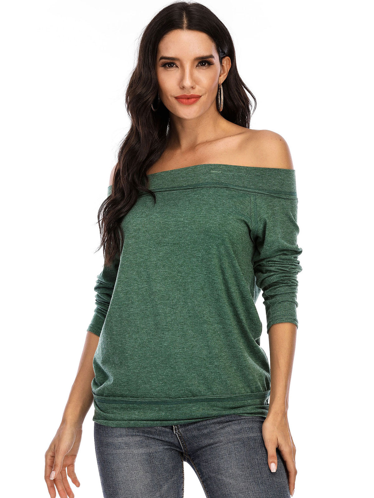Moda Mujer Tops | Blusa sexy para mujer, cuello barco, manga larga, poliéster, camiseta de verano verde - LA62046