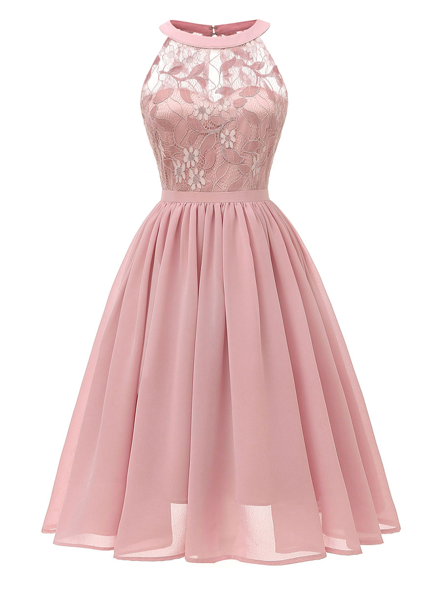 Moda Mujer Vestidos | Vestido retro de los años 50 Vestido sin mangas de poliéster de encaje con cuello joya sin mangas rosa - DP17338