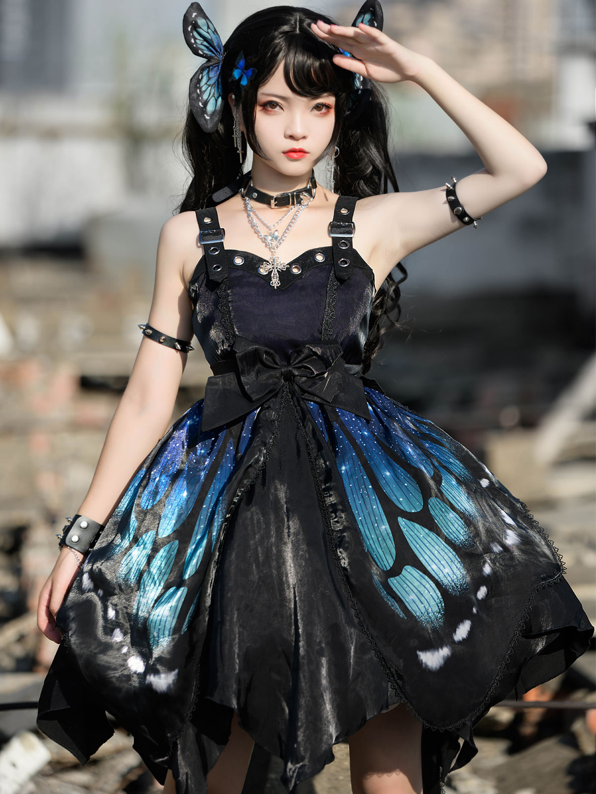 Gothic Lolita JSK Dress Blue Sleeveless Lace Up Ruffles Bow Butterfly  Pattern Polyester Casual Lolita Jumper Skirt