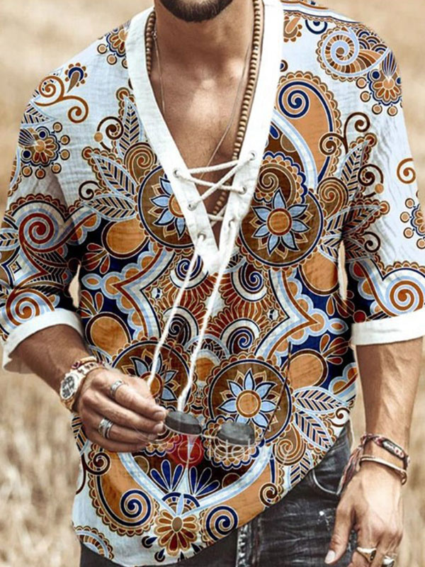 Men's Clothing Shirts | Man's Casual Shirt Turndown Collar Chic Printed khaki Men's Shirts - TT97825