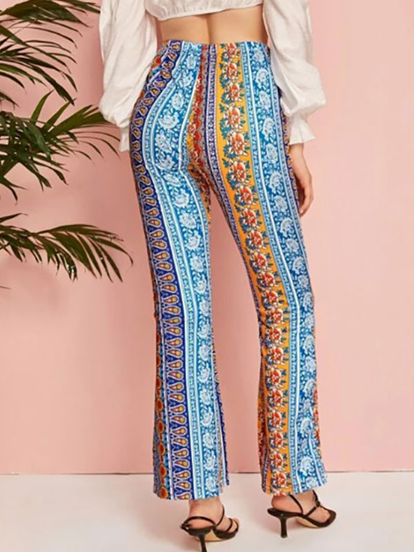 Pantalones de mujer Pantalones acampanados geométricos de cintura levantada  de licra de licra azul - Milanoo.com