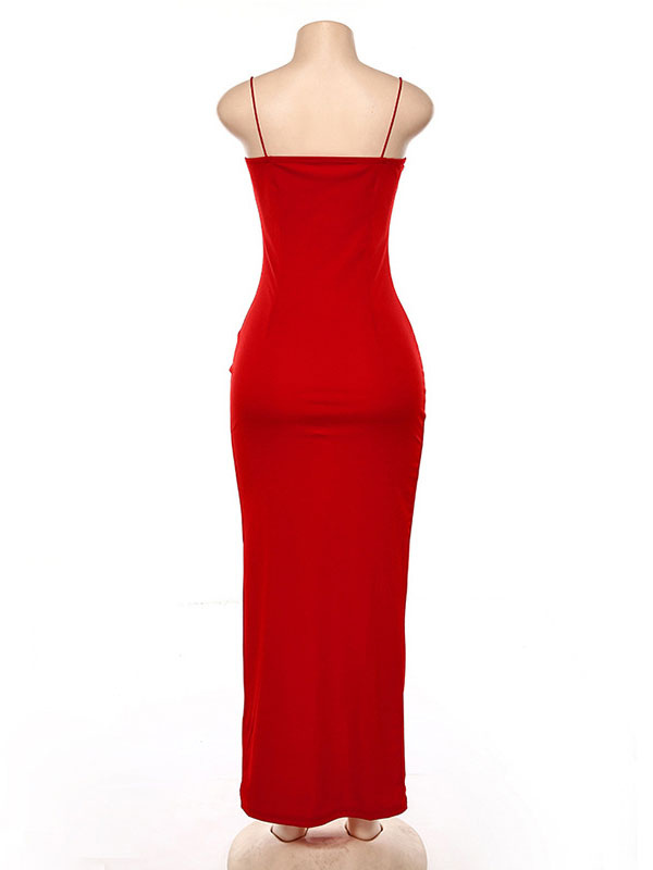 Women's Clothing Dresses | Women Party Dresses Red Strap Neck Sleeveless Split Front Lycra Spandex Long Semi Formal Dress - UW45555