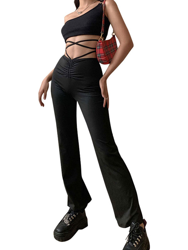 Women's Clothing Women's Bottoms | Women Pants Black Lycra Spandex Raised Waist Tie Dye Trousers - HP05100