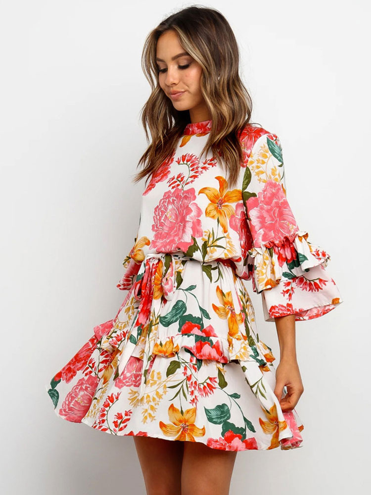 Moda Mujer Vestidos | Vestido de verano Cuello joya Mangas 3/4 con estampado floral Vestido corto de playa rosa - PC13220