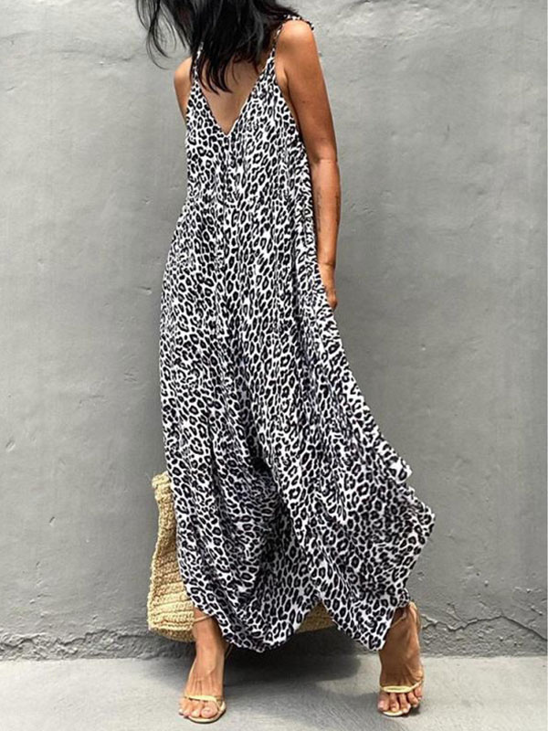 Women's Clothing Jumpsuits & Rompers | Khaki Leopard Printed V-Neck Sleeveless Backless Polyester Wide Leg Jumpsuits For Women - QP12720