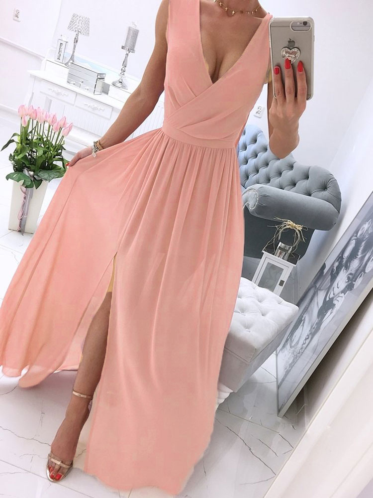 Women's Clothing Dresses | Party Dresses Burgundy V-Neck Sleeveless Polyester Long Semi Formal Dress - JO33494