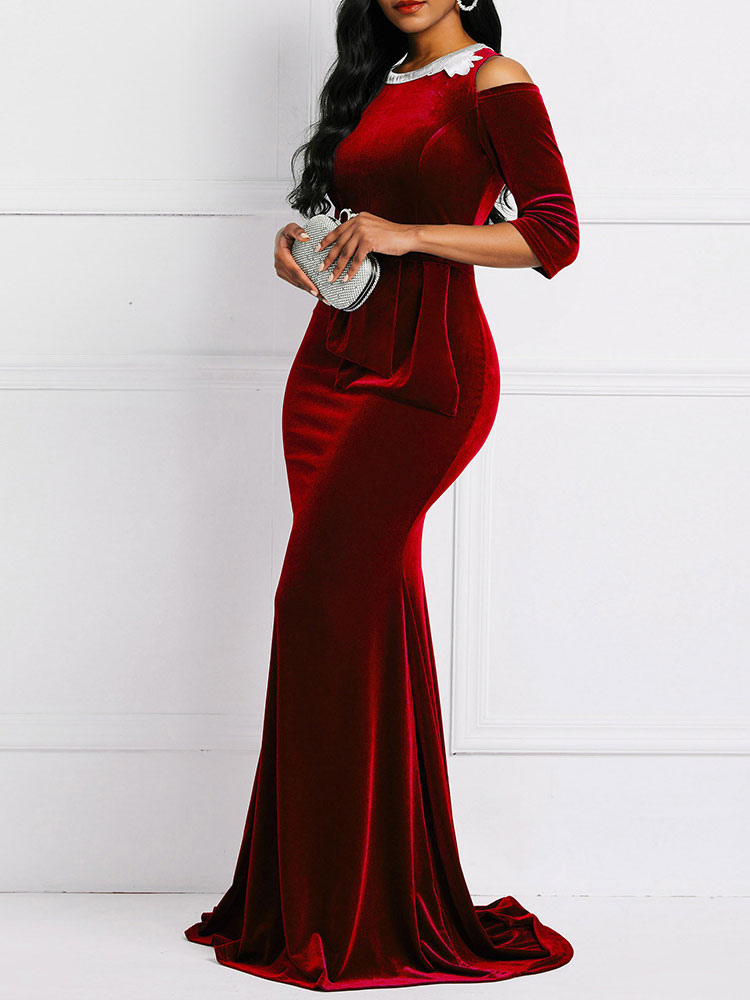 Women's Clothing Dresses | Party Dresses Red Jewel Neck Half Sleeves Polyester Floor Length Semi Formal Dress - VF54186