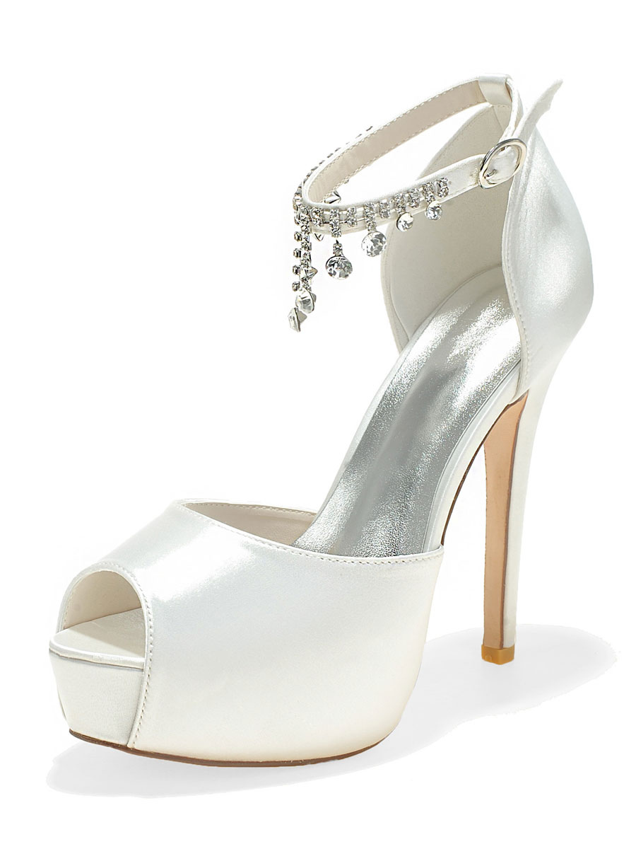 Zapatos de Fiesta | Zapatos de boda Satén Blanco Cadenas Peep Toe Tacón de aguja Correa de tobillo Zapatos de novia - QR50870