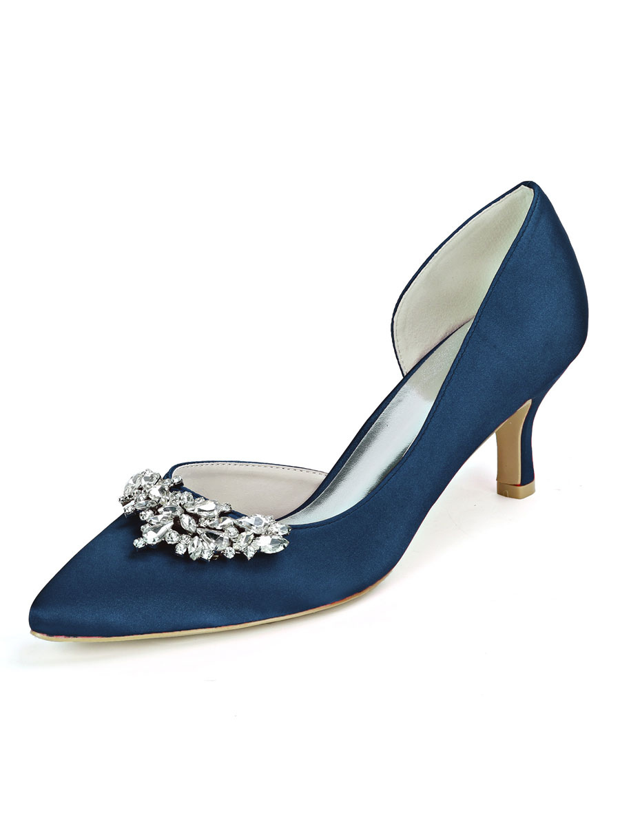 Zapatos de Fiesta | Zapatos de boda Satén Azul profundo Punta puntiaguda Diamantes de imitación Tacón de gatito Zapatos de novia - VA82586