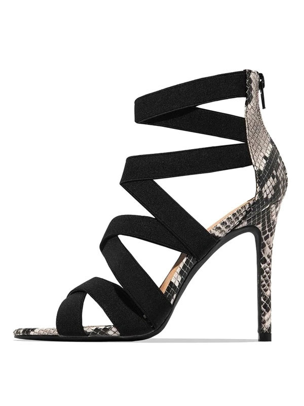 Chaussures Chaussures femme | Sandales à talon noir en micro-fibres imprimerie à zip - LI33887