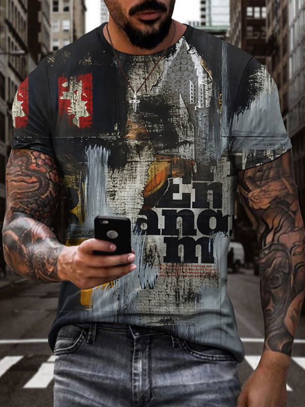 Men's Clothing T-Shirts & Tanks | T-shirts Chic Jewel Neck Printed Short Sleeves - FZ39897