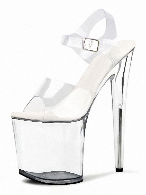 Zapatos de Fiesta | Sandalias sexis para mujer, PVC blanco, punta abierta superior, tacón de aguja, tacón alto, tacones con correa en el tobillo Zapatos de baile de barra - JP79546