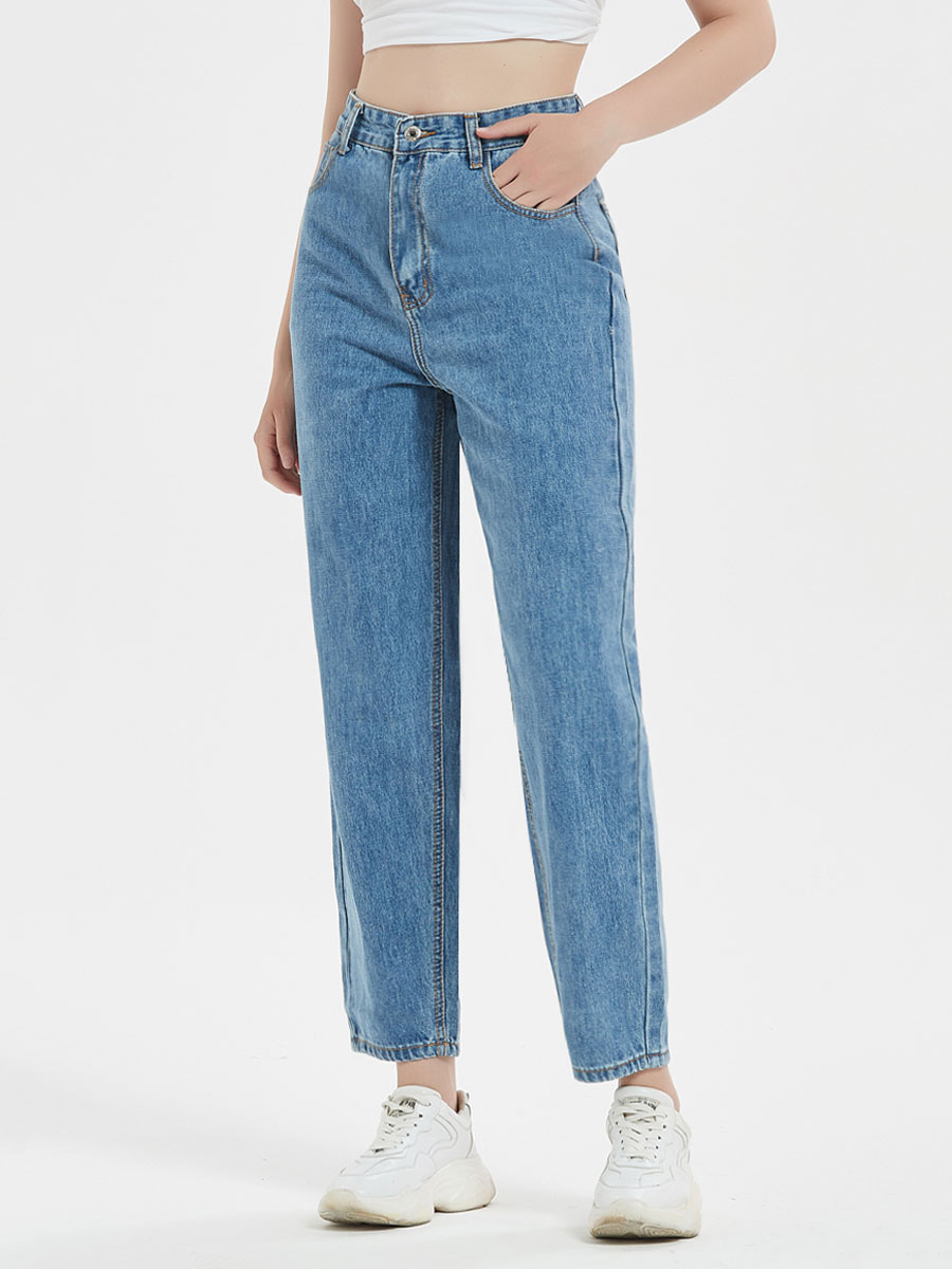 Women's Clothing Women's Bottoms | Women Jeans Light Sky Blue Zipper Denim Irregular Raised Waist Tapered Fit Trousers - FC87012