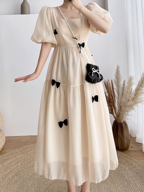 Robe de Soirée Longue Femme à Col Carré avec Manches Courtes Amples ...