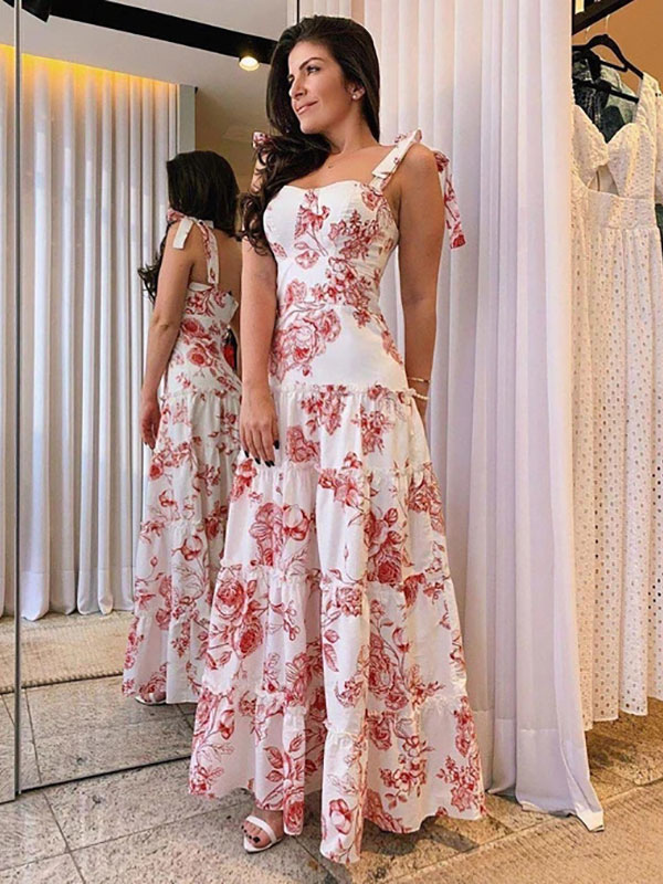 Women's Clothing Dresses | Maxi Dresses Sleeveless Red Floral Print Straps Neck Ruffles Layered Chiffon Long Dress - YX45968