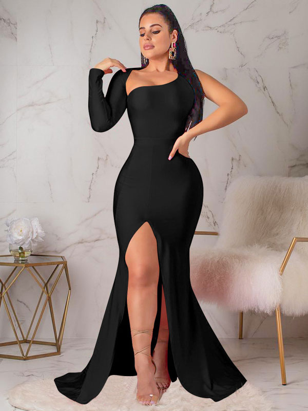 Robe de Soirée Moulante Femme avec Manche Longue avec Epaule Dénudée Coupe Cintrée avec Fente Unicolore Robe Eté