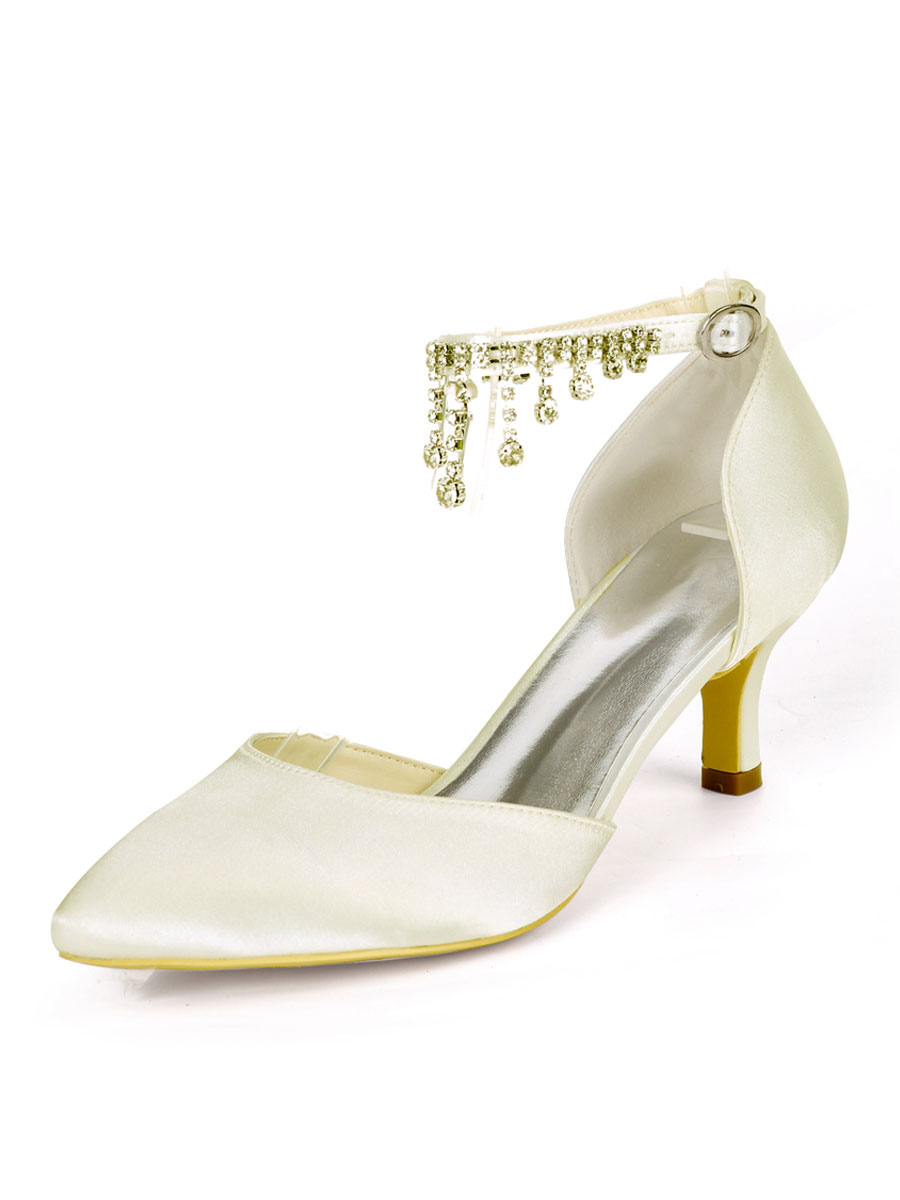 Zapatos de Fiesta | Zapatos de boda Marfil Satén Diamantes de imitación Punta puntiaguda Tacón de gatito Zapatos de novia Tacones con correa en el tobillo - VB10568