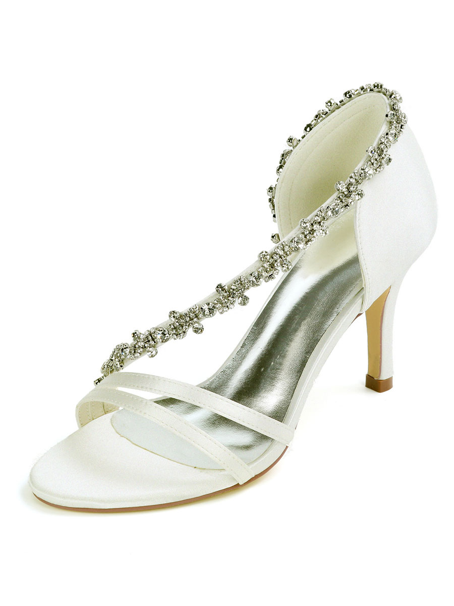 Zapatos de Fiesta | Zapatos de boda Satén Marfil Punta abierta Diamantes de imitación Tacones de aguja Zapatos de novia - NL73569