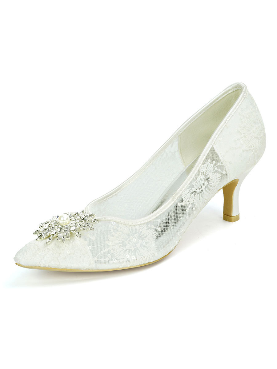 Wedding Shoes Ivory Lace Rhinestones Pointed Toe Kitten Heel Bridal ...