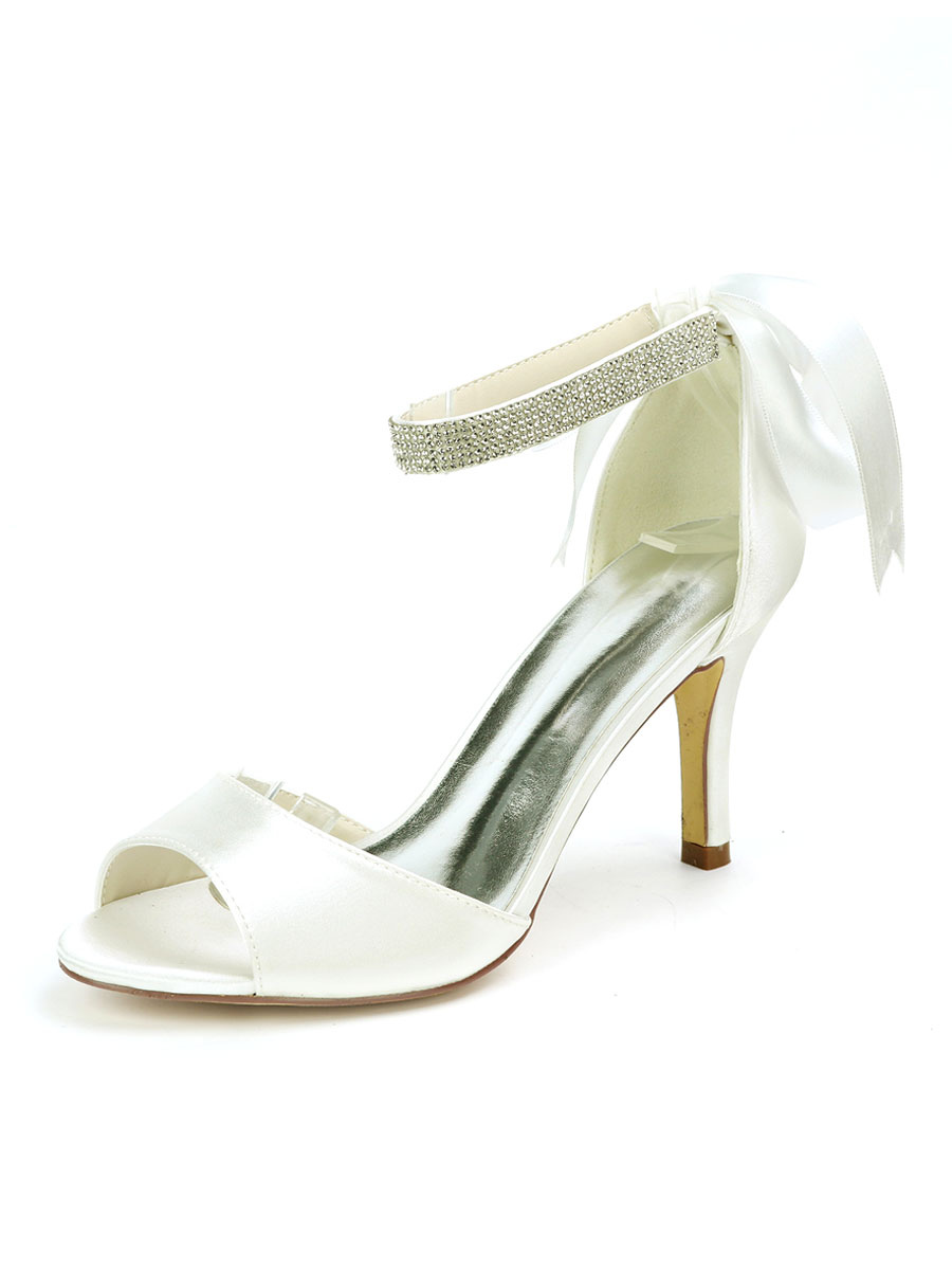 Zapatos de Fiesta | Zapatos de boda Satén Marfil Punta abierta Diamantes de imitación Tacón de aguja Tobillo Correa Tacón Zapatos de novia - QS76255