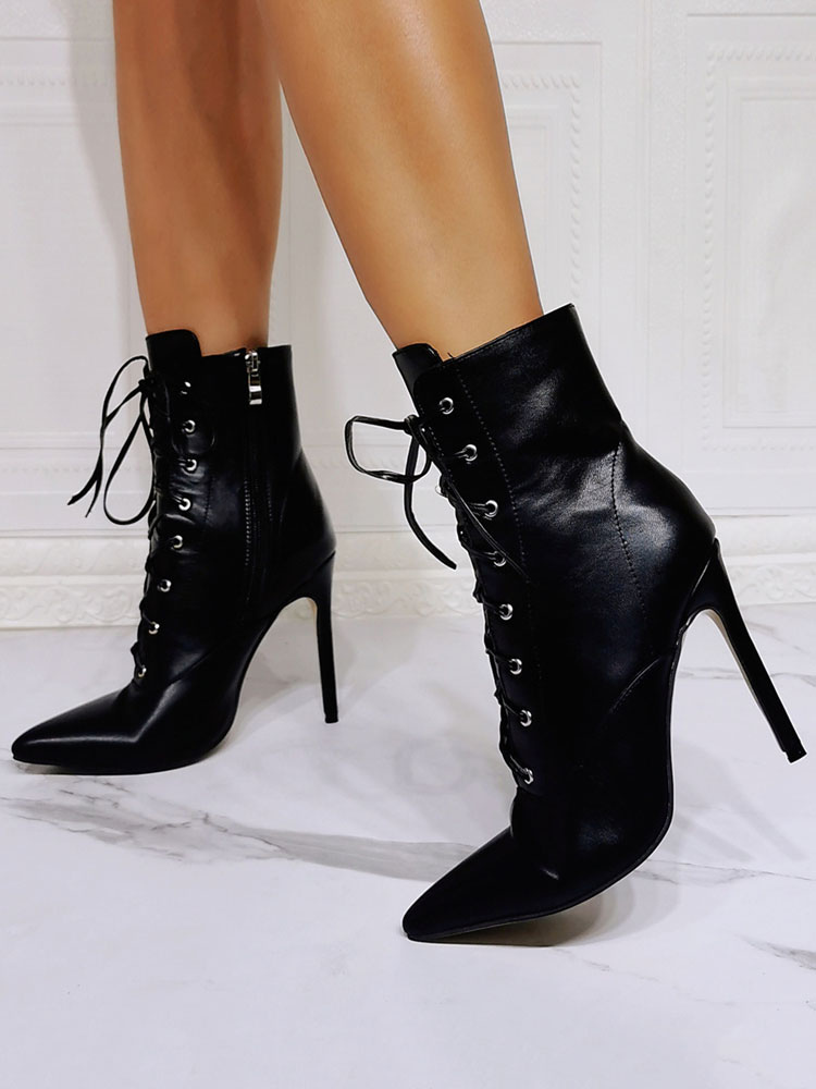 Botas mujer Botines de tacón de con punta en pico de cuero PU negro Botines con - Milanoo.com