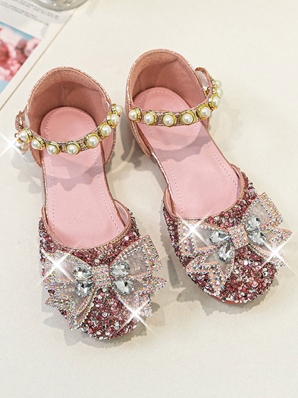 Shoes Occasion Shoes | Girls Rhinestone Bow Glitter Ankle Strap Flat Flower Girl Shoes - DD92207