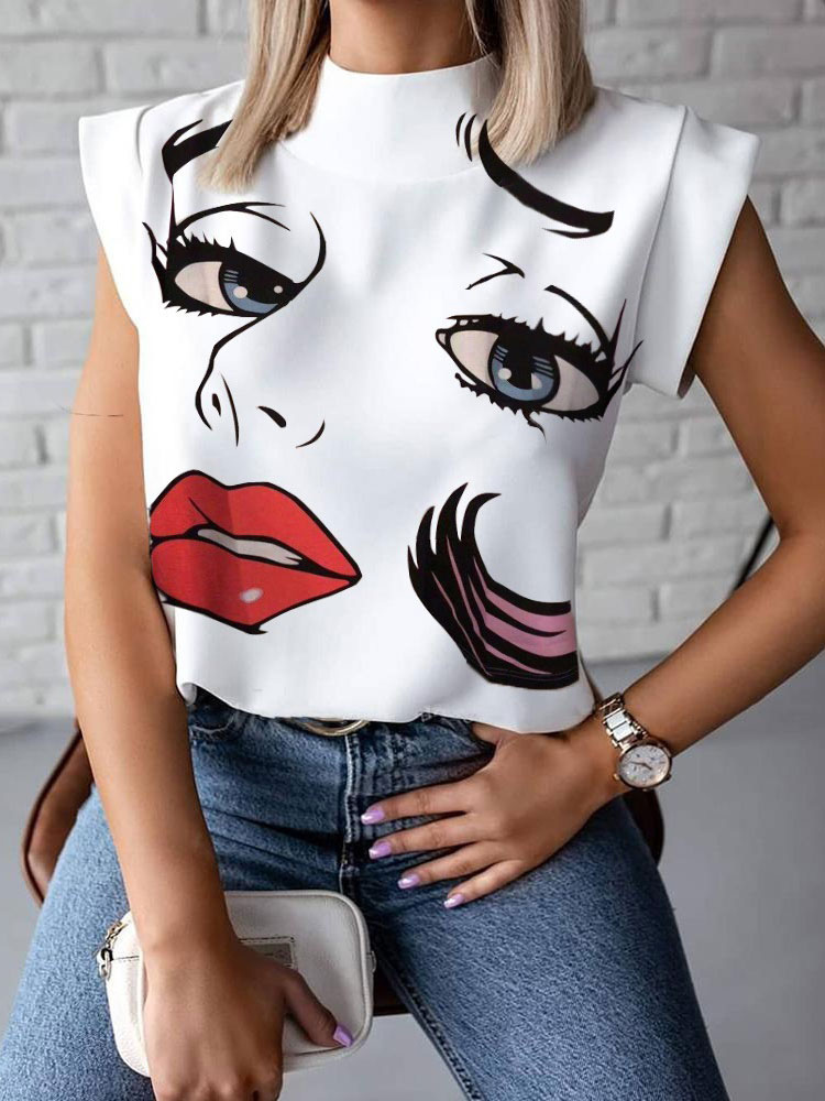 Mode Femme Tops | Blouse Chemisier Imprimé Courte à Col Montant Epaulé Bicolores Tee Shirt - WW22979