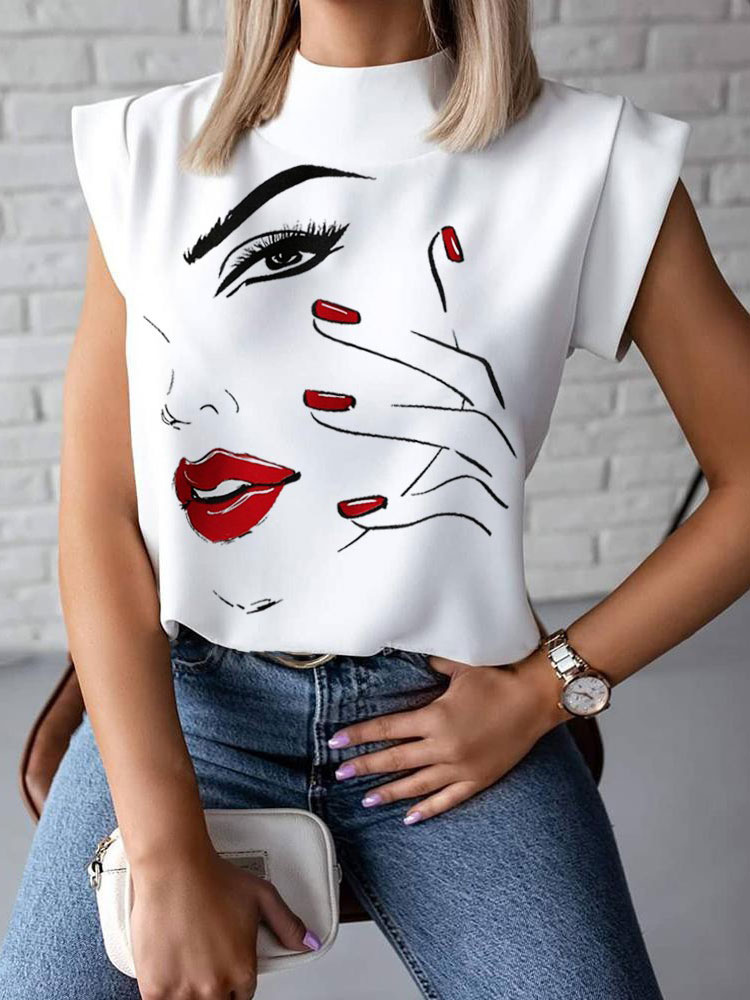 Mode Femme Tops | Blouse Chemisier Imprimé Courte à Col Montant Epaulé Bicolores Tee Shirt - WW22979