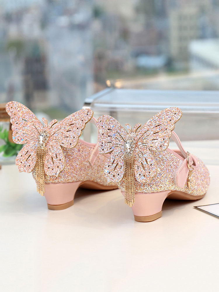 Shoes Occasion Shoes | Girls Butterfly Glitter Mary Jane Flat Flower Girl Shoes - DI14883