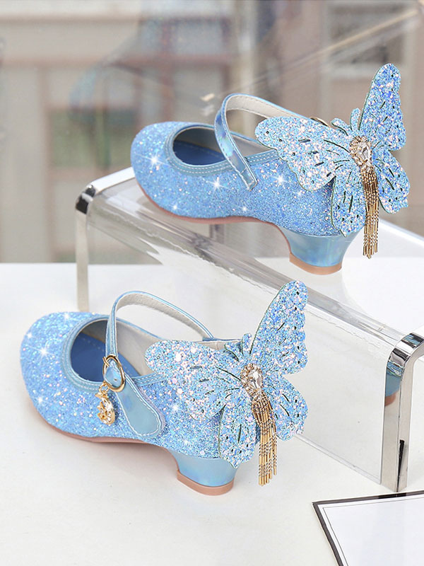 Shoes Occasion Shoes | Girls Butterfly Glitter Mary Jane Flat Flower Girl Shoes - DI14883