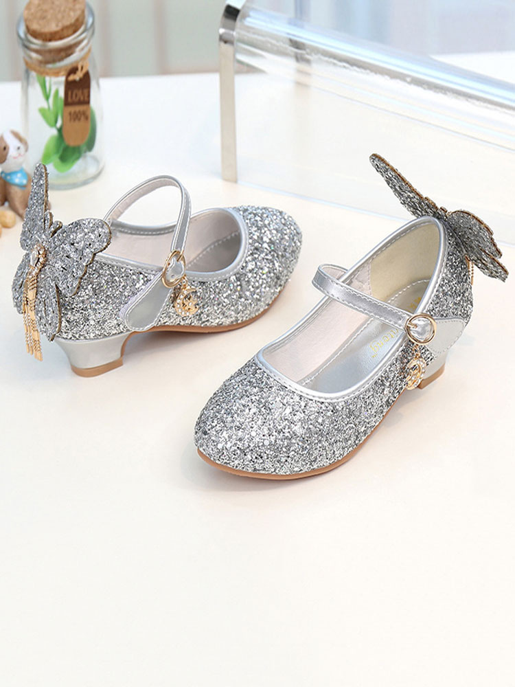 Shoes Occasion Shoes | Girls Butterfly Glitter Mary Jane Flat Flower Girl Shoes - DI14883