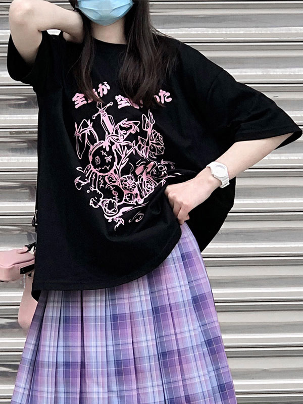 女性用ロリータブラウスブラックポリエステルジュエル半袖ブラックロリータTシャツ - Lolitashow.com/jp