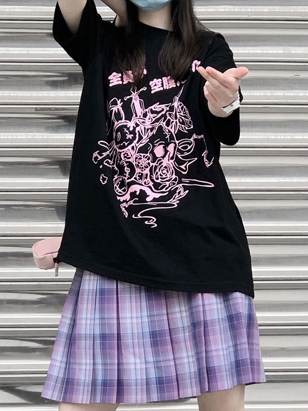 女性用ロリータブラウスブラックポリエステルジュエル半袖ブラックロリータTシャツ - Lolitashow.com/jp