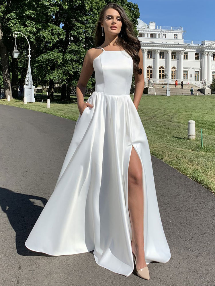 Robe Longue en Satin Femme avec Bretelles Col Carr Coupe