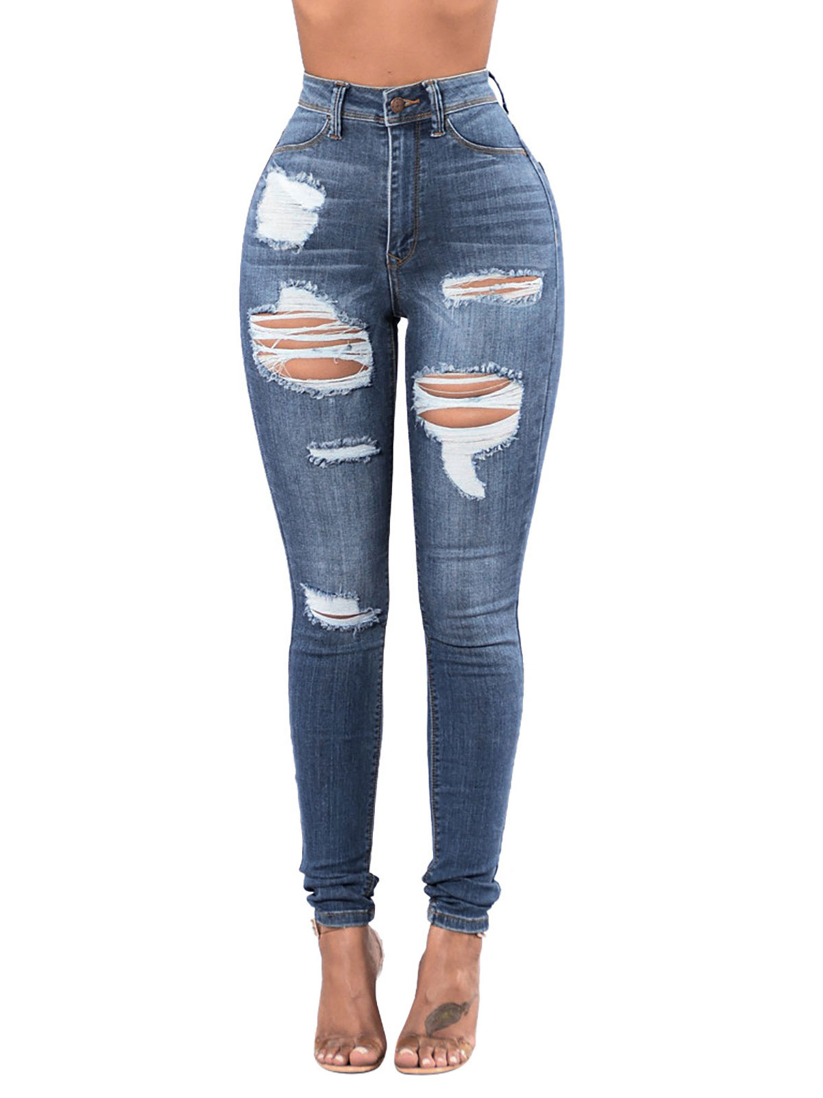 Women's Clothing Women's Bottoms | Women Blue Jeans Cool Distressed High Rise Waist Button Fly Skinny Denim Pants - AT16937