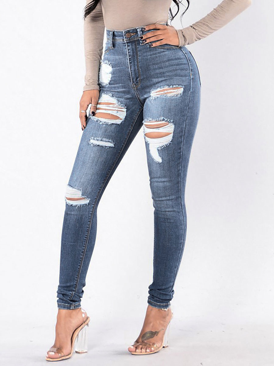 Women's Clothing Women's Bottoms | Women Blue Jeans Cool Distressed High Rise Waist Button Fly Skinny Denim Pants - AT16937