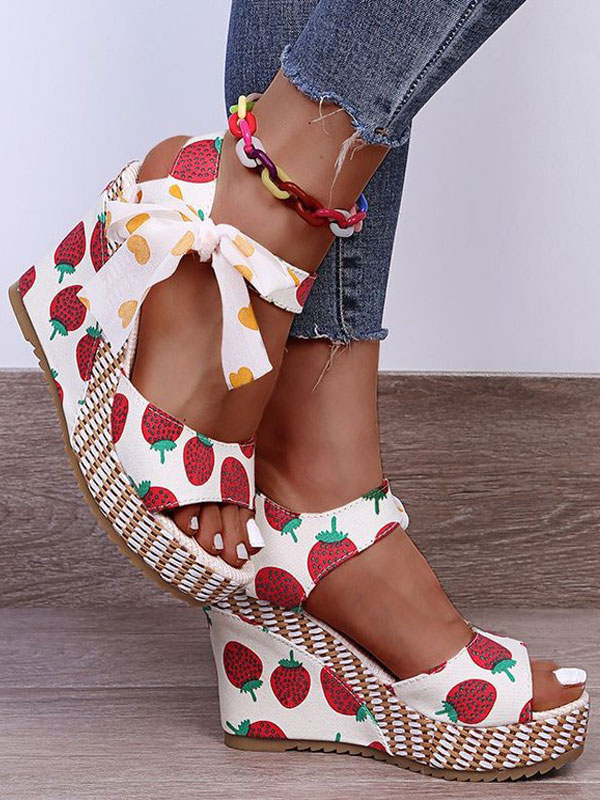 Zapatos de Mujer | Sandalias de cuña para mujer Sandalias de cuña rojas superiores de satén con punta abierta estampada con cordones elegantes - JM36678