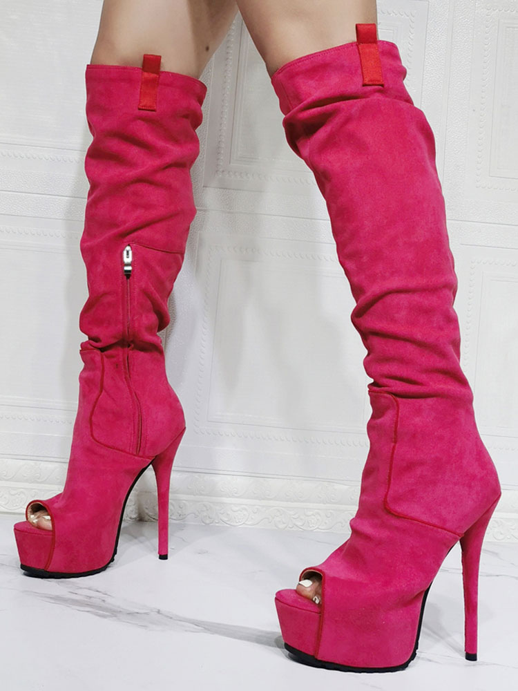 Regreso La nuestra asistencia Botas altas hasta la rodilla para mujer Botas altas sexis de tacón de aguja  con punta redonda y rosa de lona - Milanoo.com