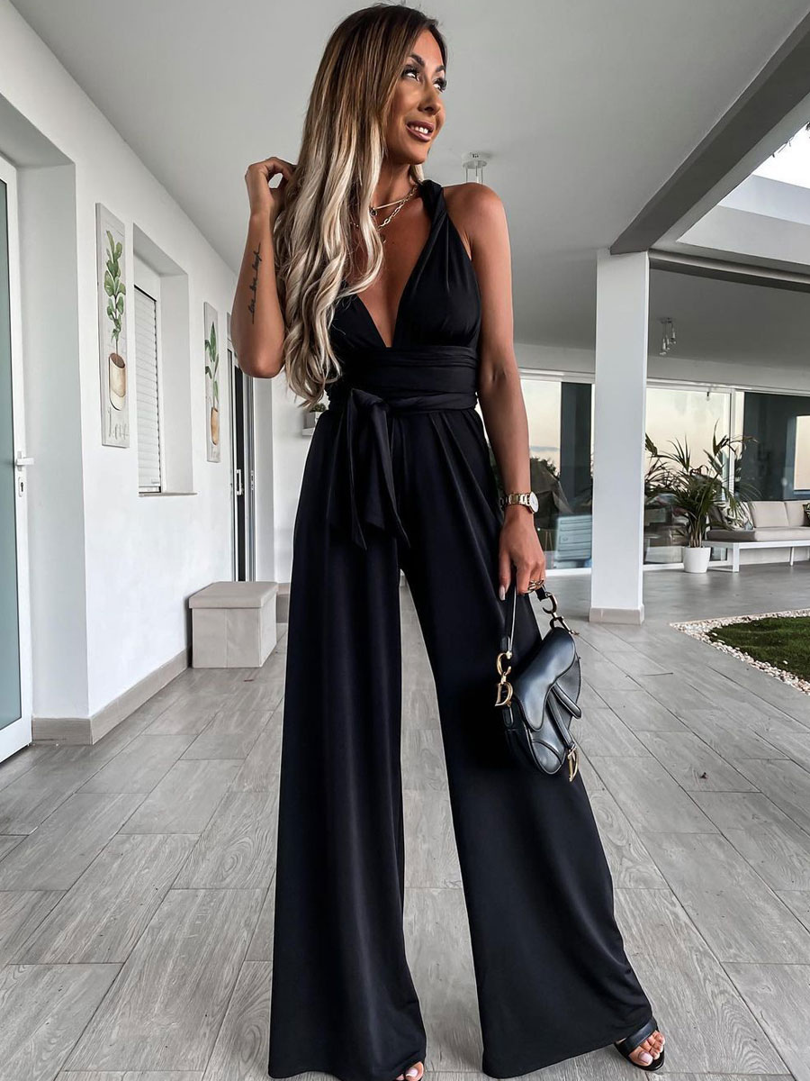 Women's Clothing Jumpsuits & Rompers | Black V-Neck Sleeveless Pleated Irregular Lycra Spandex Wide Leg Jumpsuits For Women - QE42239