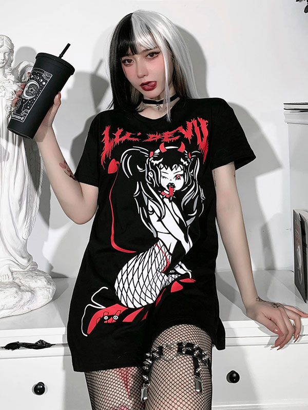 Ropa gótica para mujer Camiseta negra de manga corta con cuello joya y  ribete largo de poliéster 