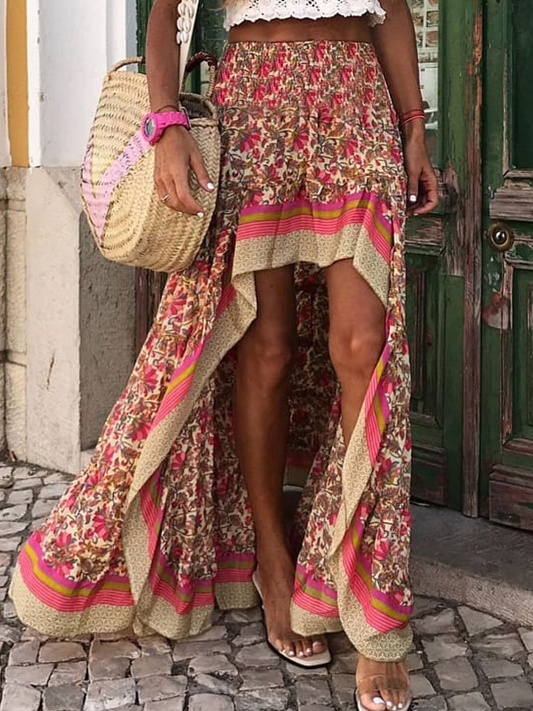 Mode Femme Bas Femmes | Jupe Longue Imprimé Fleurie Femme avec Fente Coupe Cintrée Elastique Bicolores Jupe Bas Evasée Jupe Eté - KC36190