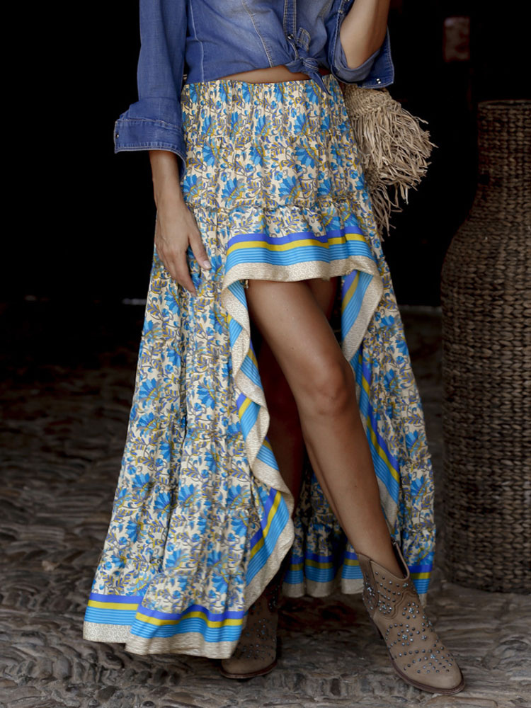 Mode Femme Bas Femmes | Jupe Longue Imprimé Fleurie Femme avec Fente Coupe Cintrée Elastique Bicolores Jupe Bas Evasée Jupe Eté - KC36190