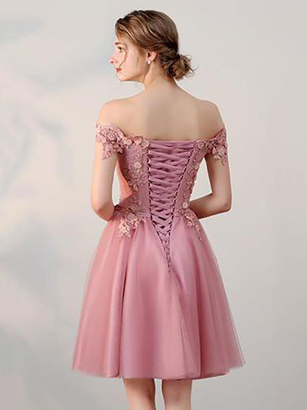 Wedding & Events Occasion Dresses | Homecoming Dress 2022 Pink Short A-Line Bateau Neck Backless Lace-Up Sleeveless Lace Tulle M