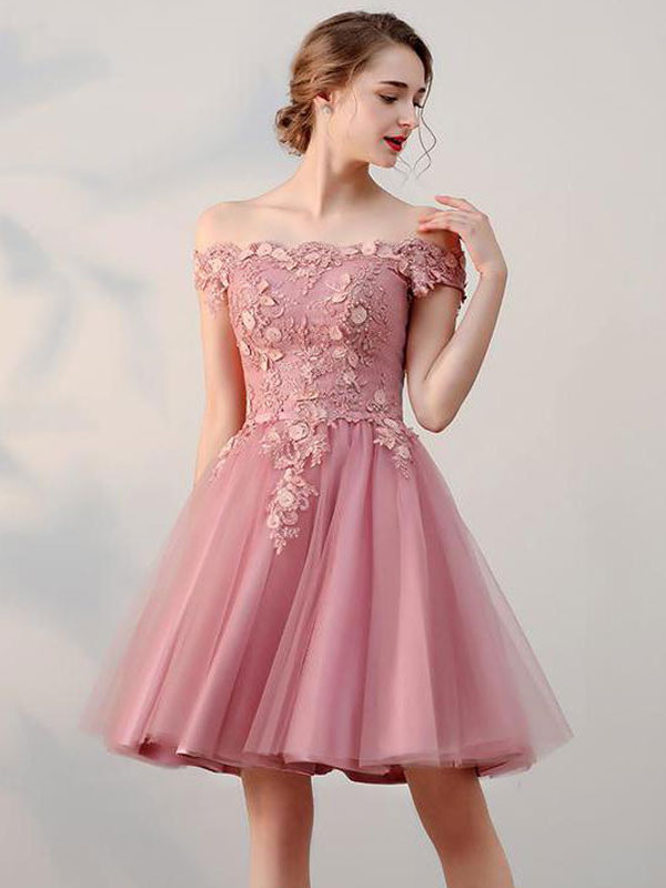 Wedding & Events Occasion Dresses | Homecoming Dress 2022 Pink Short A-Line Bateau Neck Backless Lace-Up Sleeveless Lace Tulle M