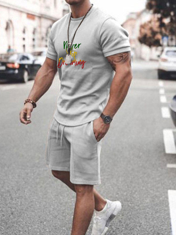 Men's Clothing Men's Activewear | Men's Activewear 2-Piece Printed Short Sleeves Jewel Neck Grey - OV66015