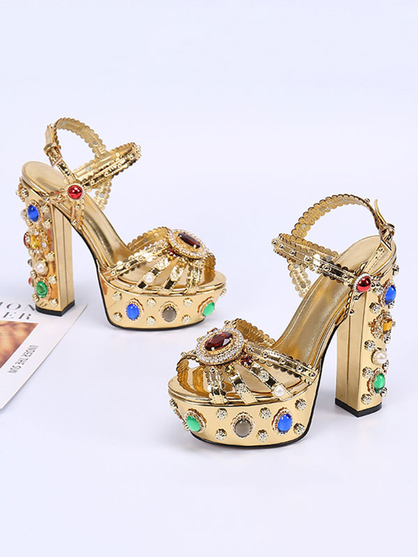 Womens Rhinestones Platform Chunky Heel Sandals In Gold 