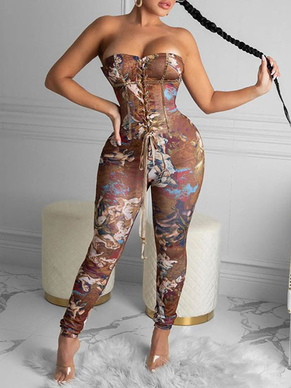 Women's Clothing Jumpsuits & Rompers | Coffee Brown Printed Strapless Sleeveless Lace Up Strapless Polyester Jumpsuits For Women